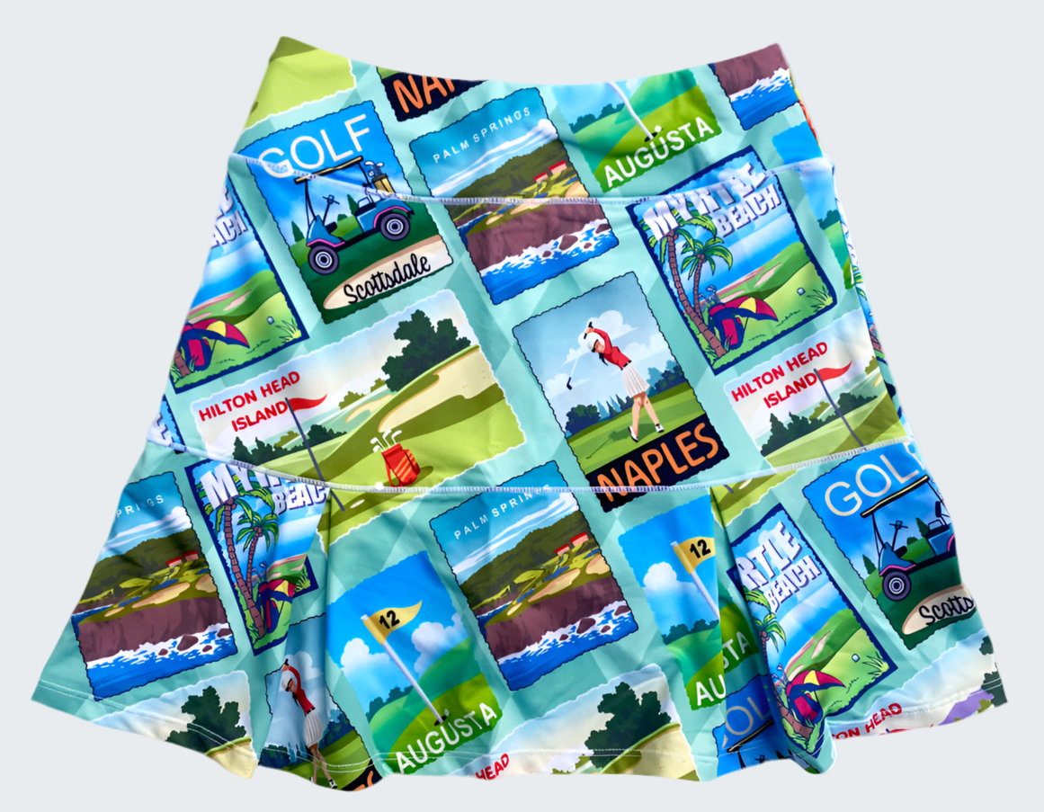 Colorful fabric with golf-themed designs on a white background
