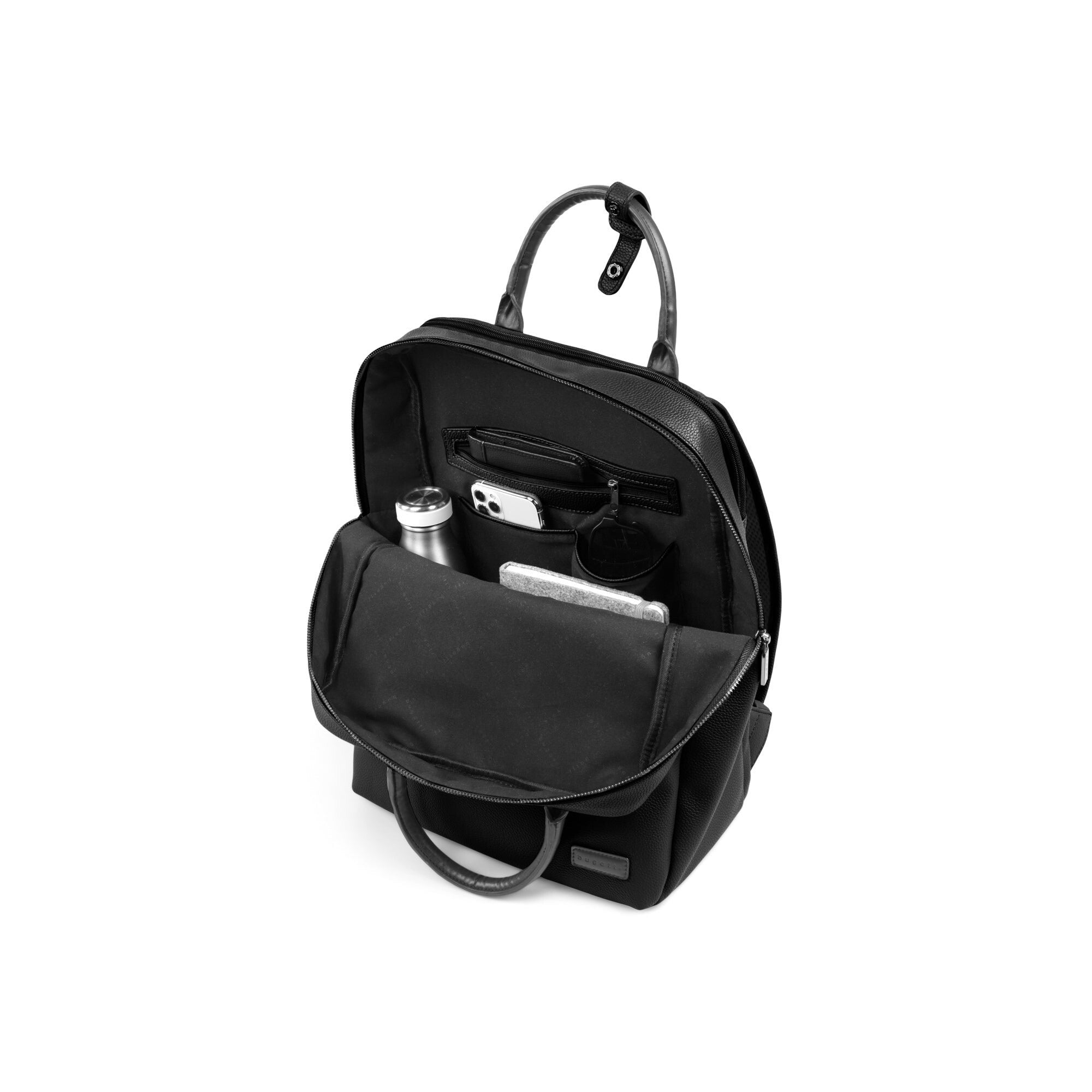 Black backpack with compartments on a white background