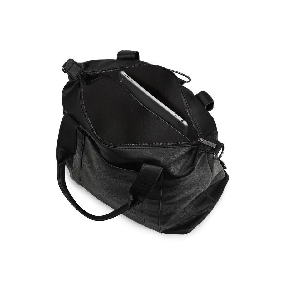 Black duffel bag with a laptop inside on a white background