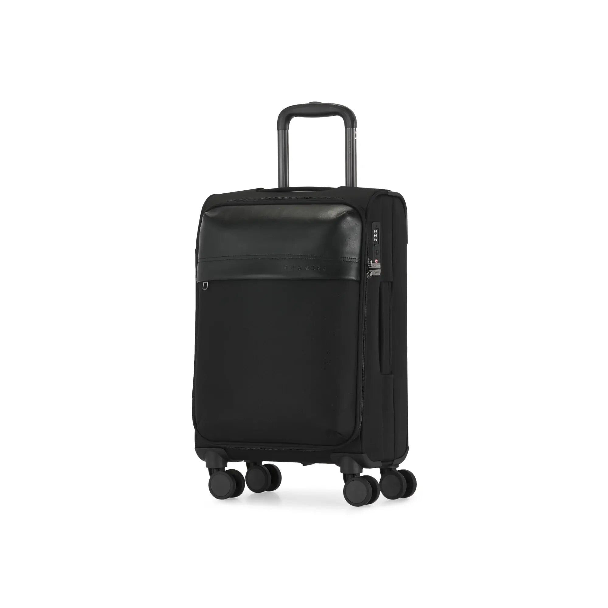 Black suitcase with wheels on a white background