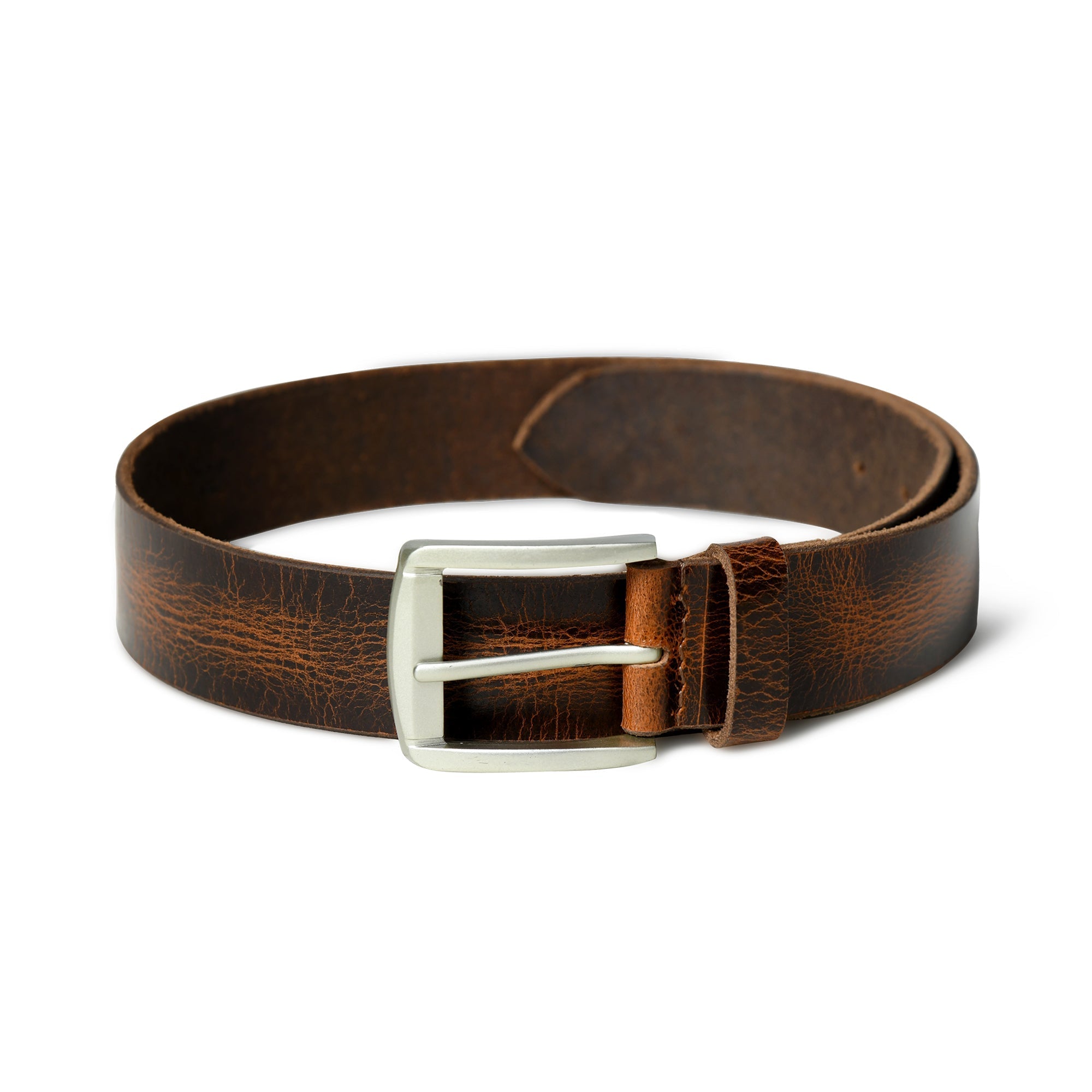 Brown leather belt with a silver buckle on a white background