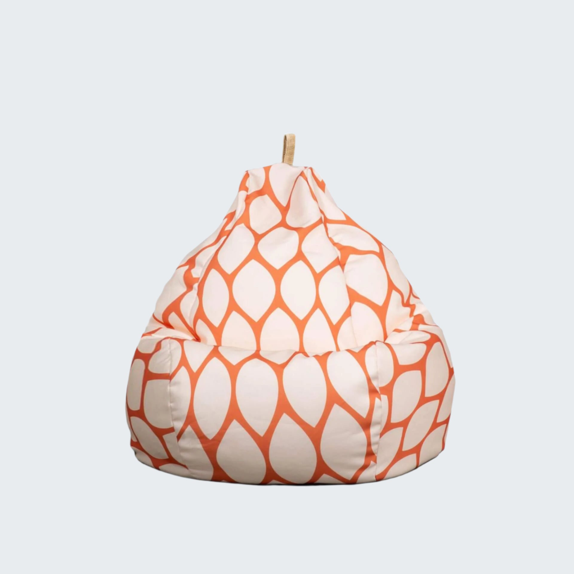 Orange and white patterned bean bag chair on a white background