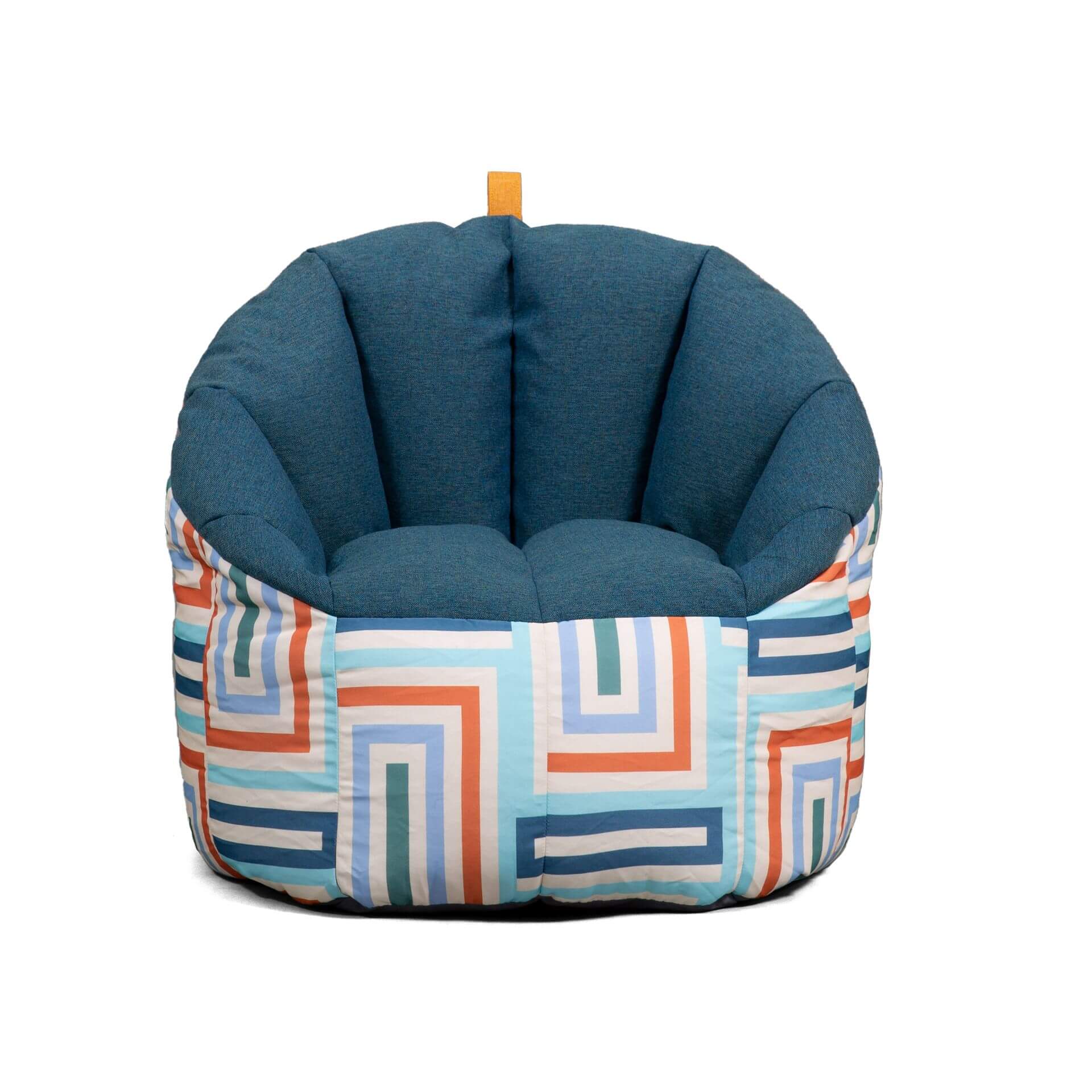 Blue bean bag chair with geometric pattern on a white background