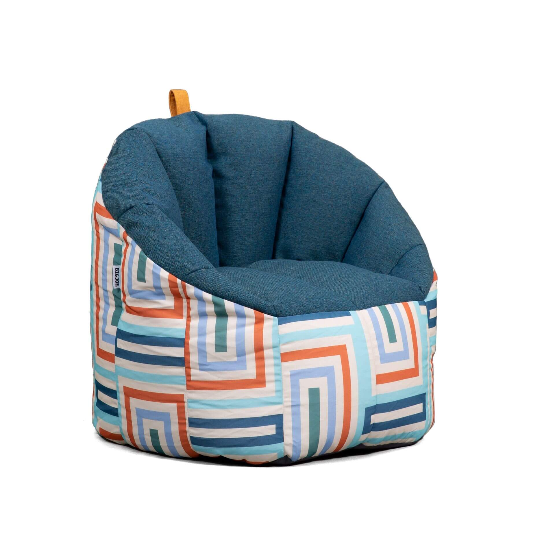 Blue bean bag chair with geometric pattern on a white background