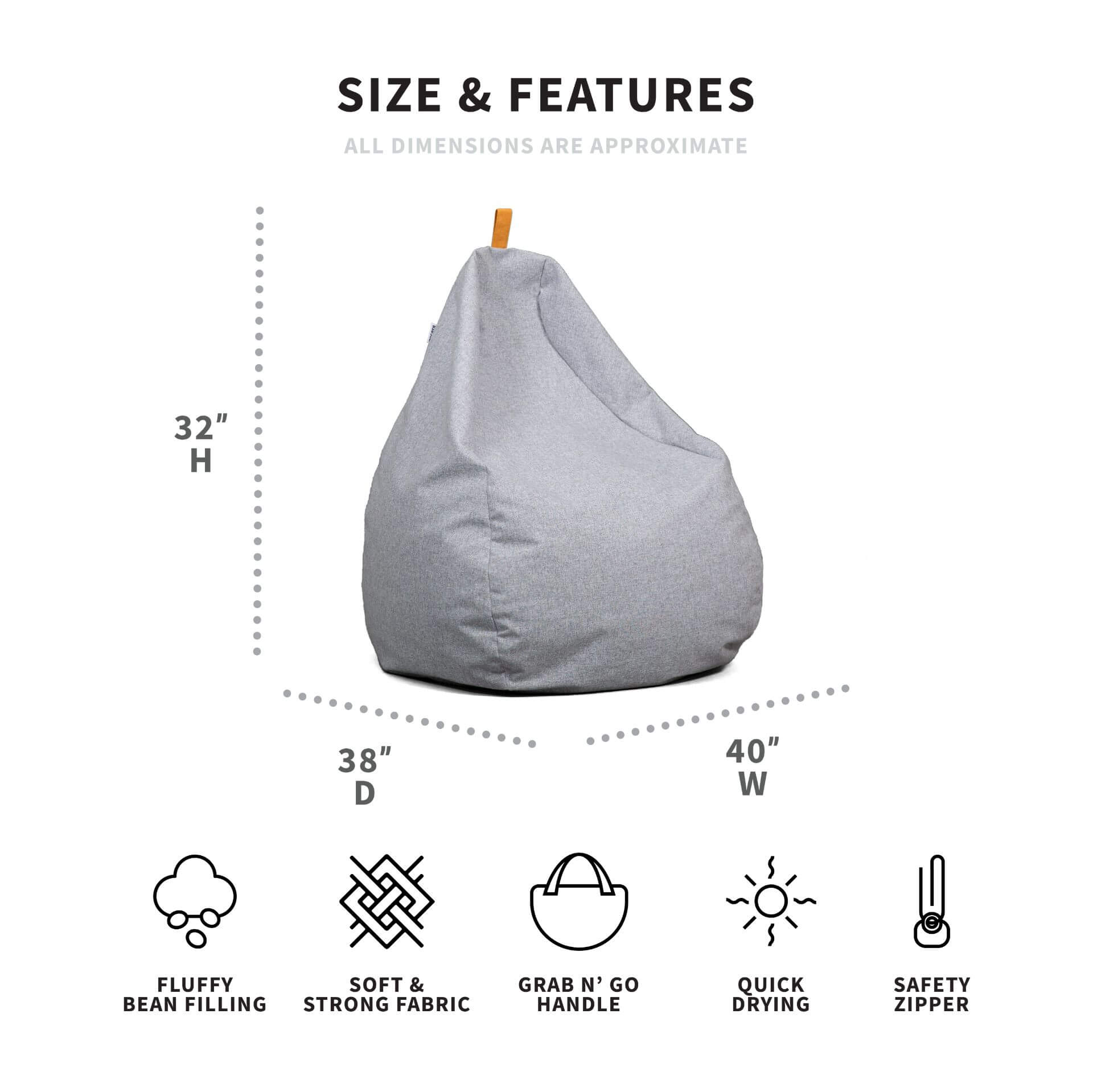 Gray bean bag chair with size and features listed on a white background