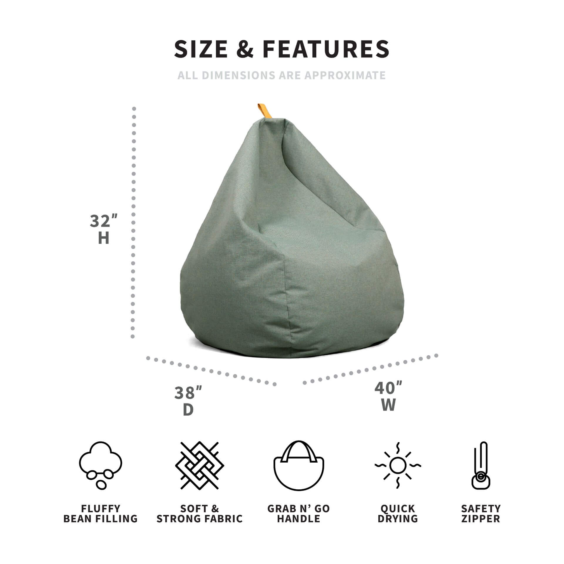 Green bean bag chair with dimensions and features on a white background