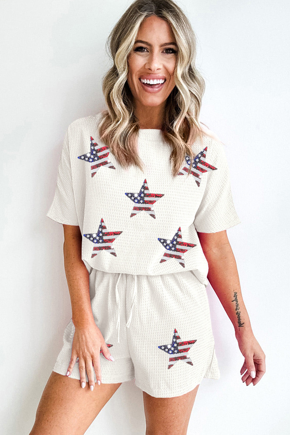 White Waffle Sequin American Flag Star Pattern Shorts Set