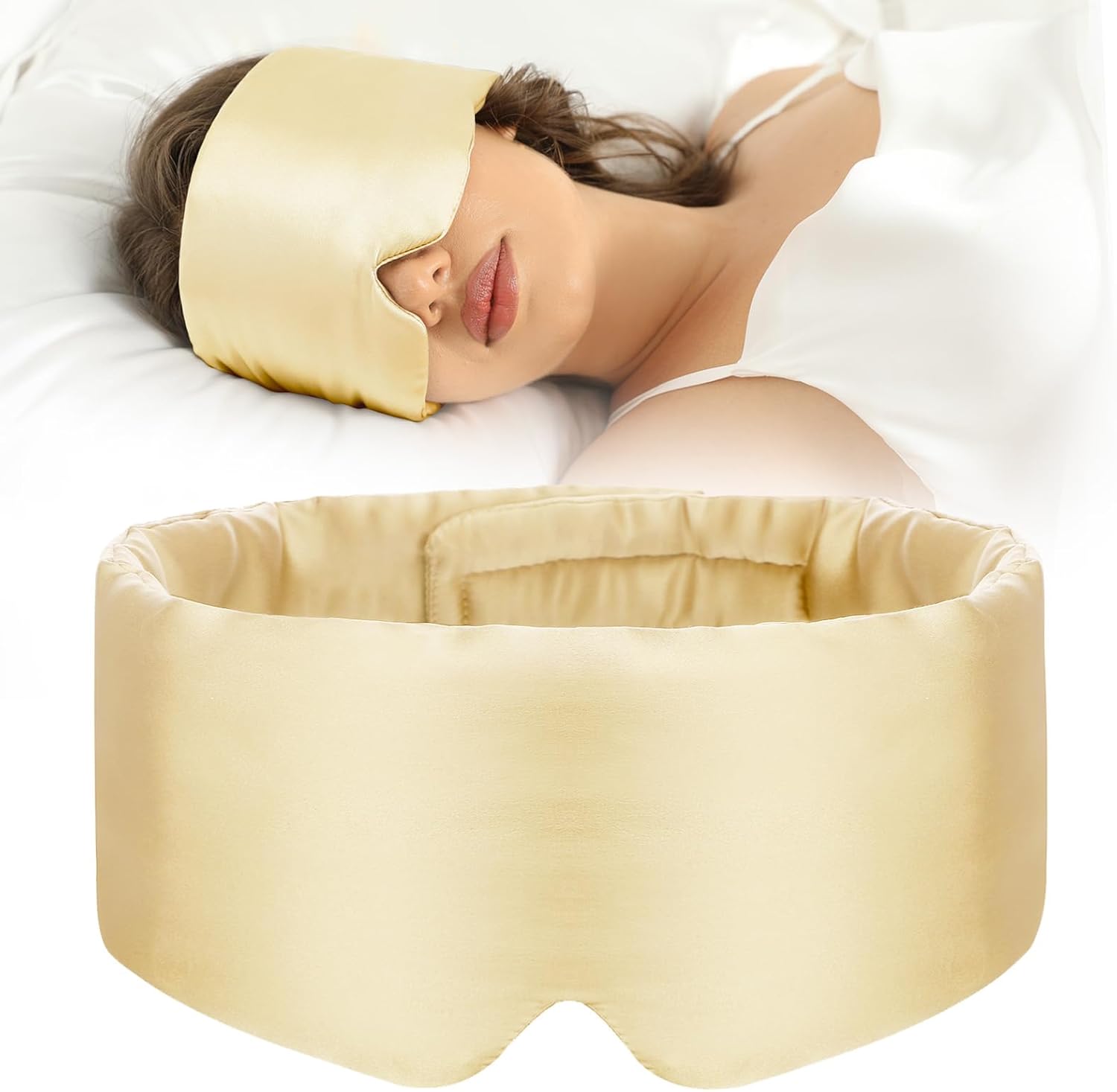 Woman wearing a beige sleep mask and pillow on a white background
