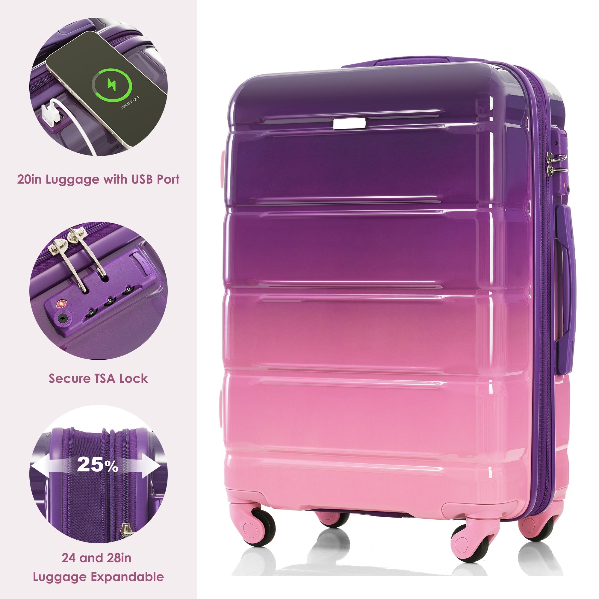 Luggage Set of Three with USB Port with Airline Certified Carry-on