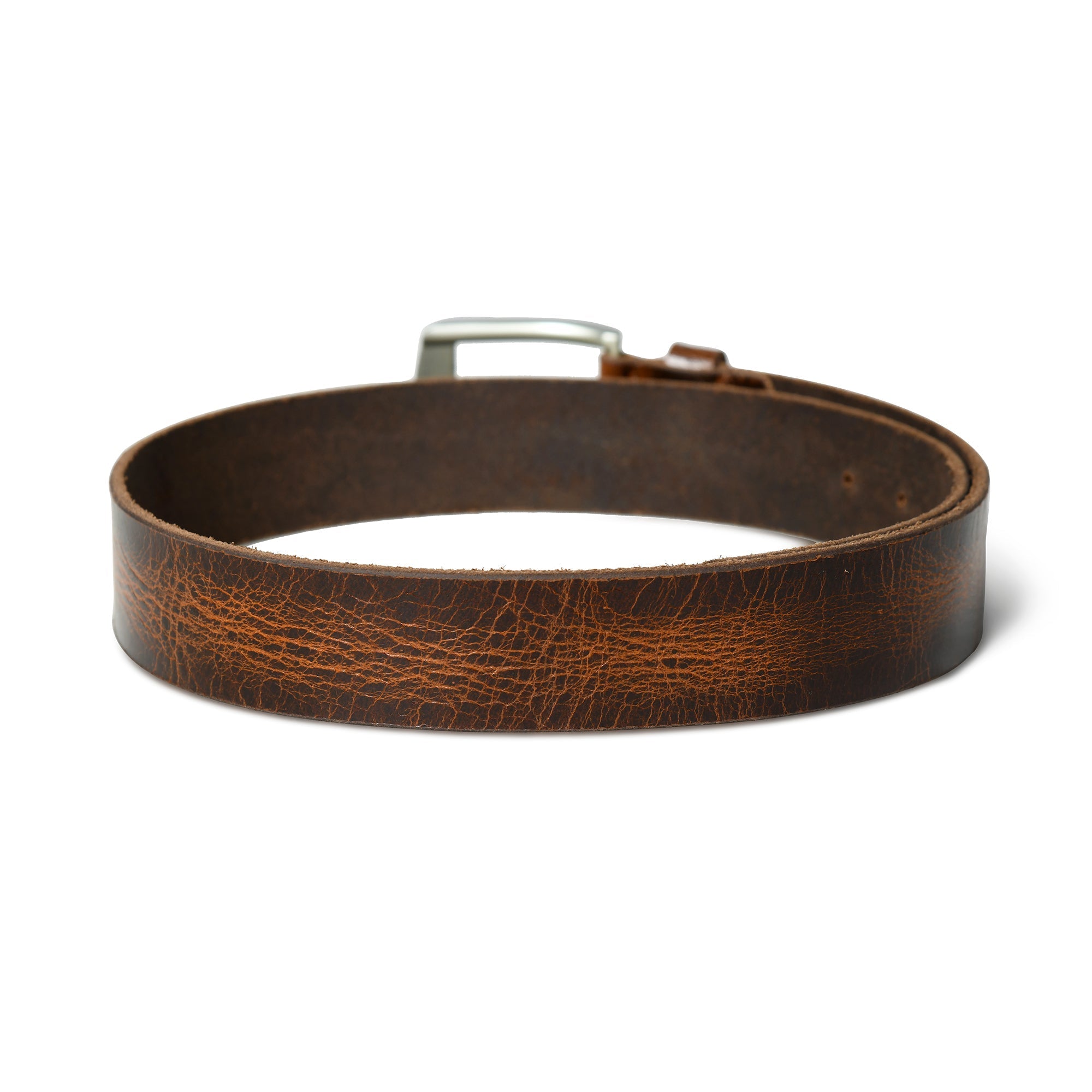 Brown leather belt with a silver buckle on a white background