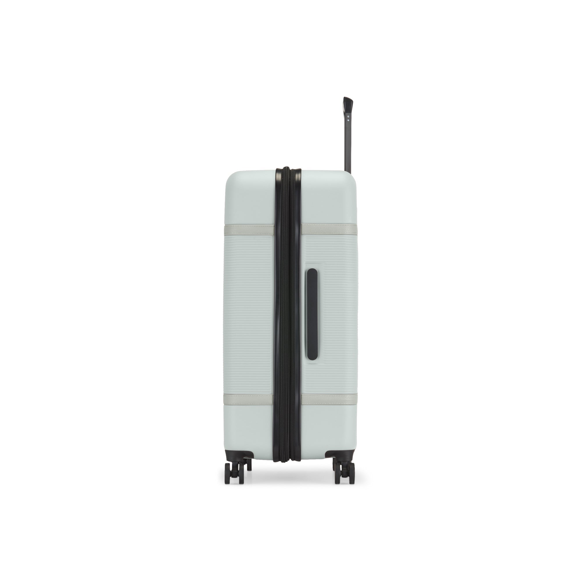 Light gray suitcase with black accents on a white background