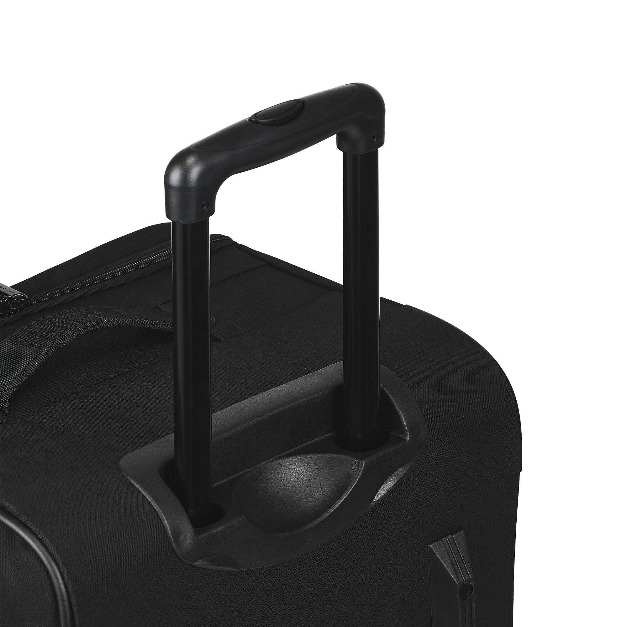 Black suitcase handle on a black suitcase with a white background