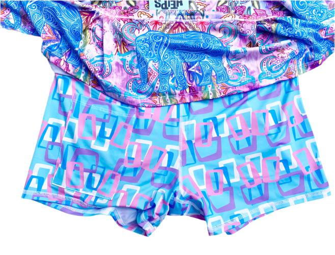 Colorful swimsuit with geometric pattern on a white background