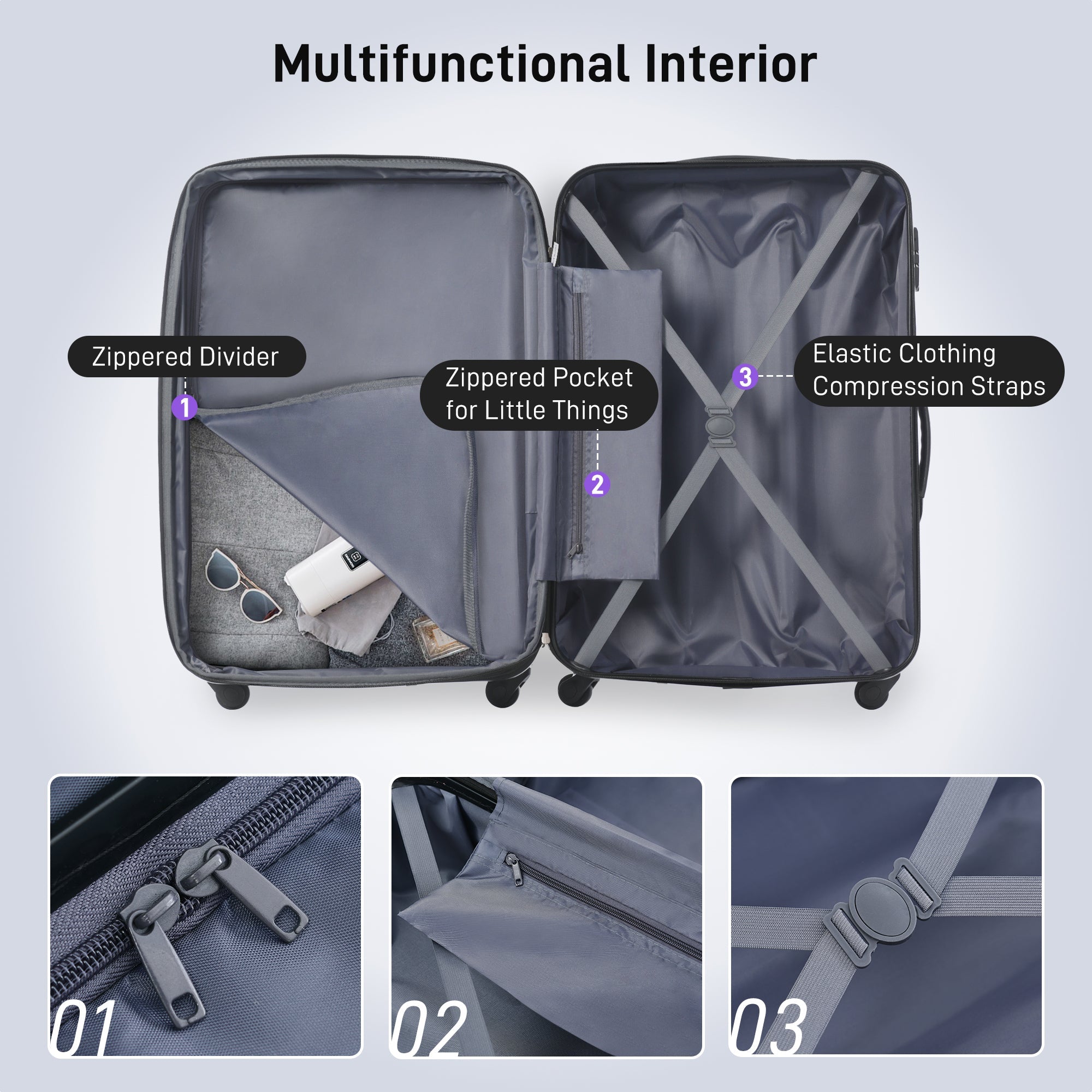 Purple Three Piece Luggage Set Hardside Spinner Suitcase with TSA Lock