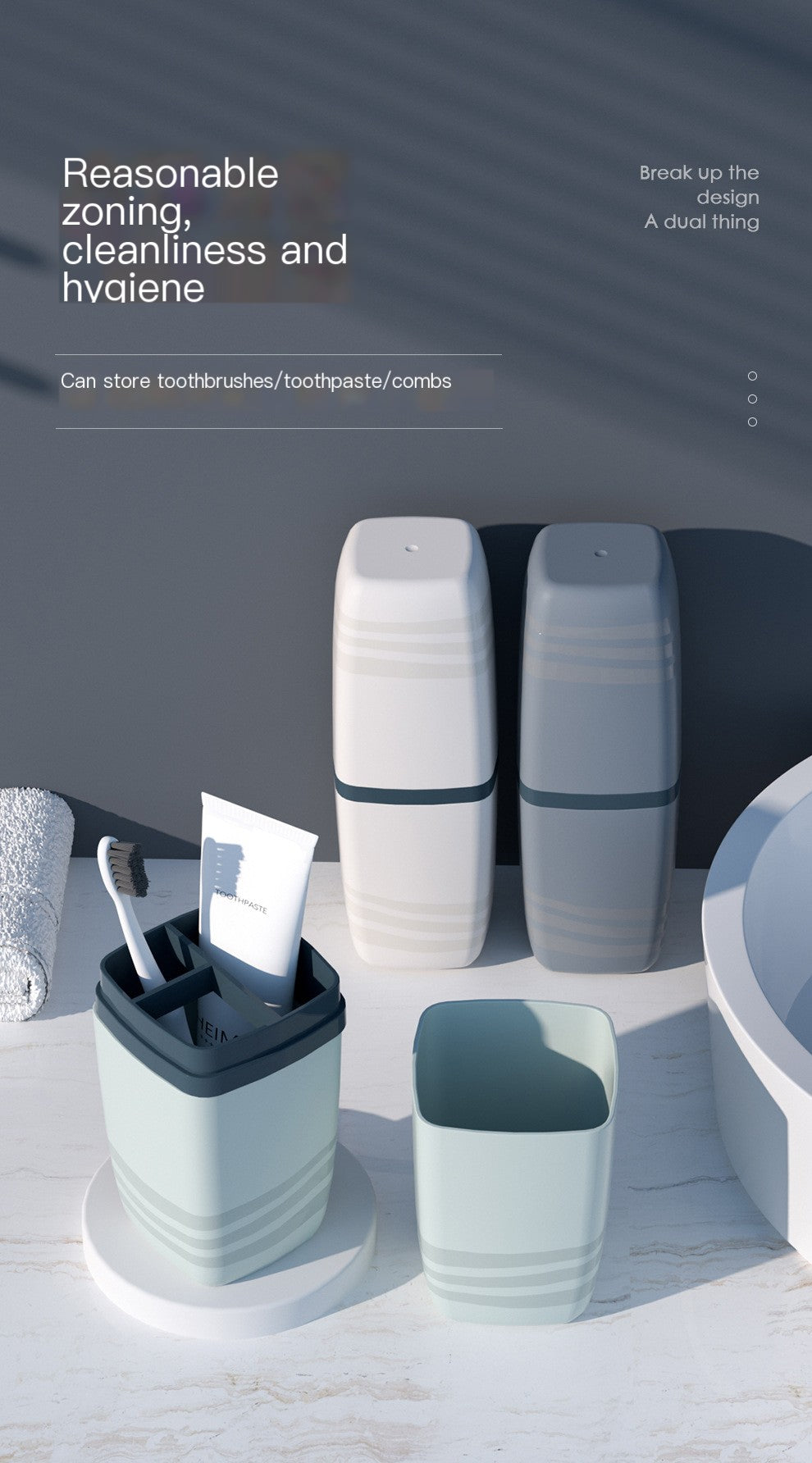 Bathroom storage containers with text on zoning, cleanliness, and hygiene.