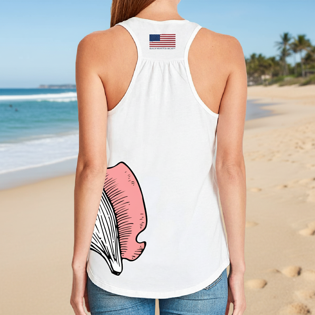 White tank top with pink and black design on a white background