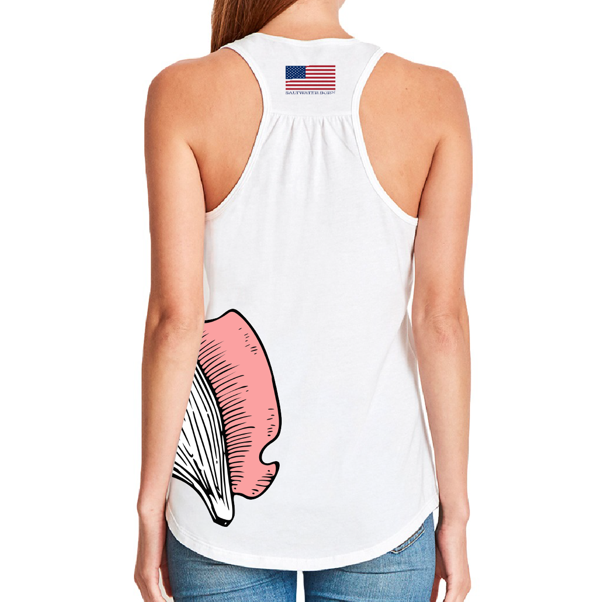 White tank top with pink and black design on a white background