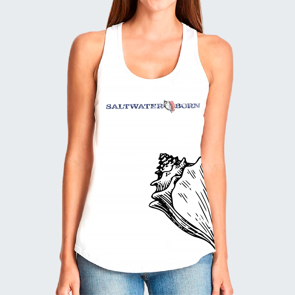 White tank top with 'Saltwater Born' and shell design on a white background