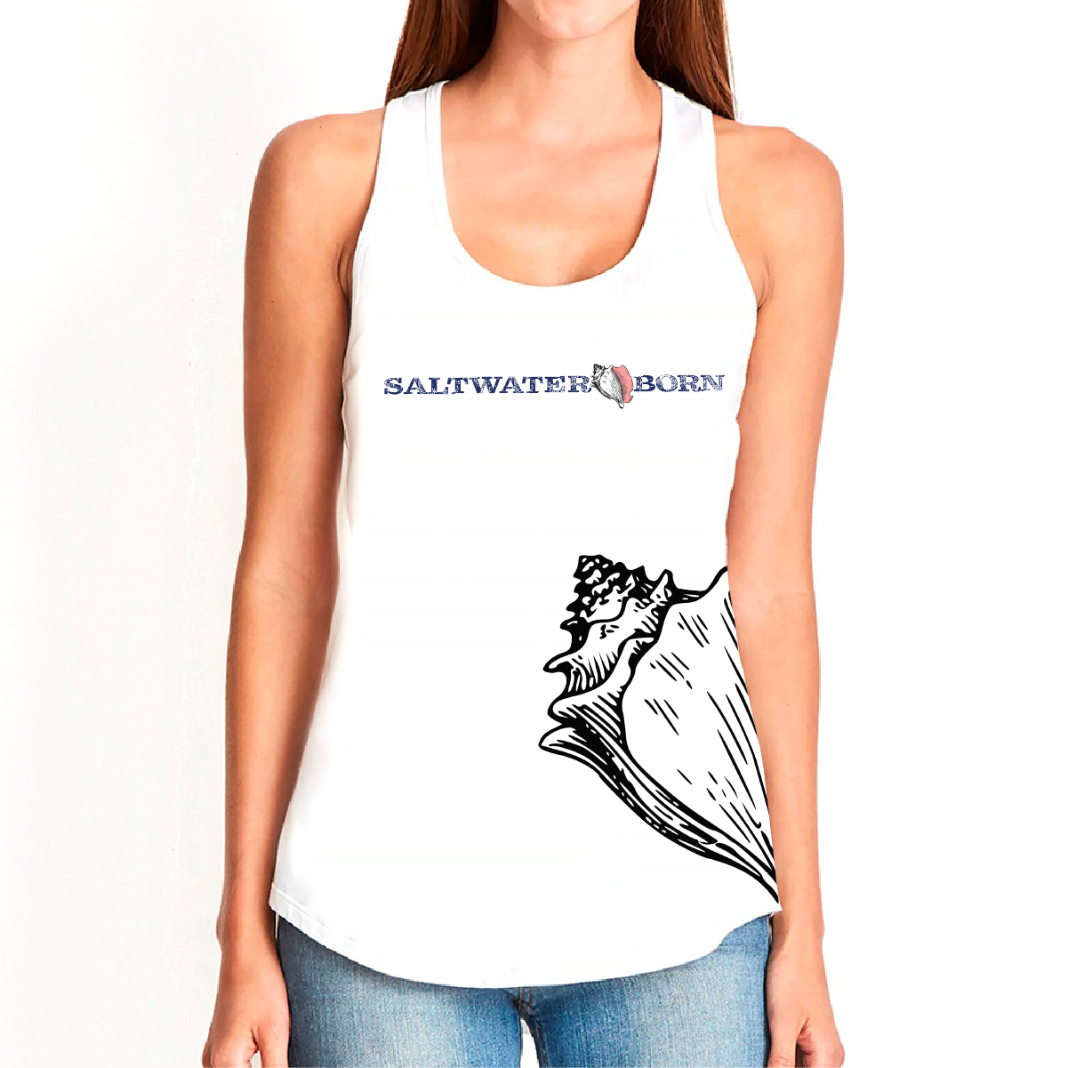 White tank top with 'Saltwater Born' and shell design on a white background
