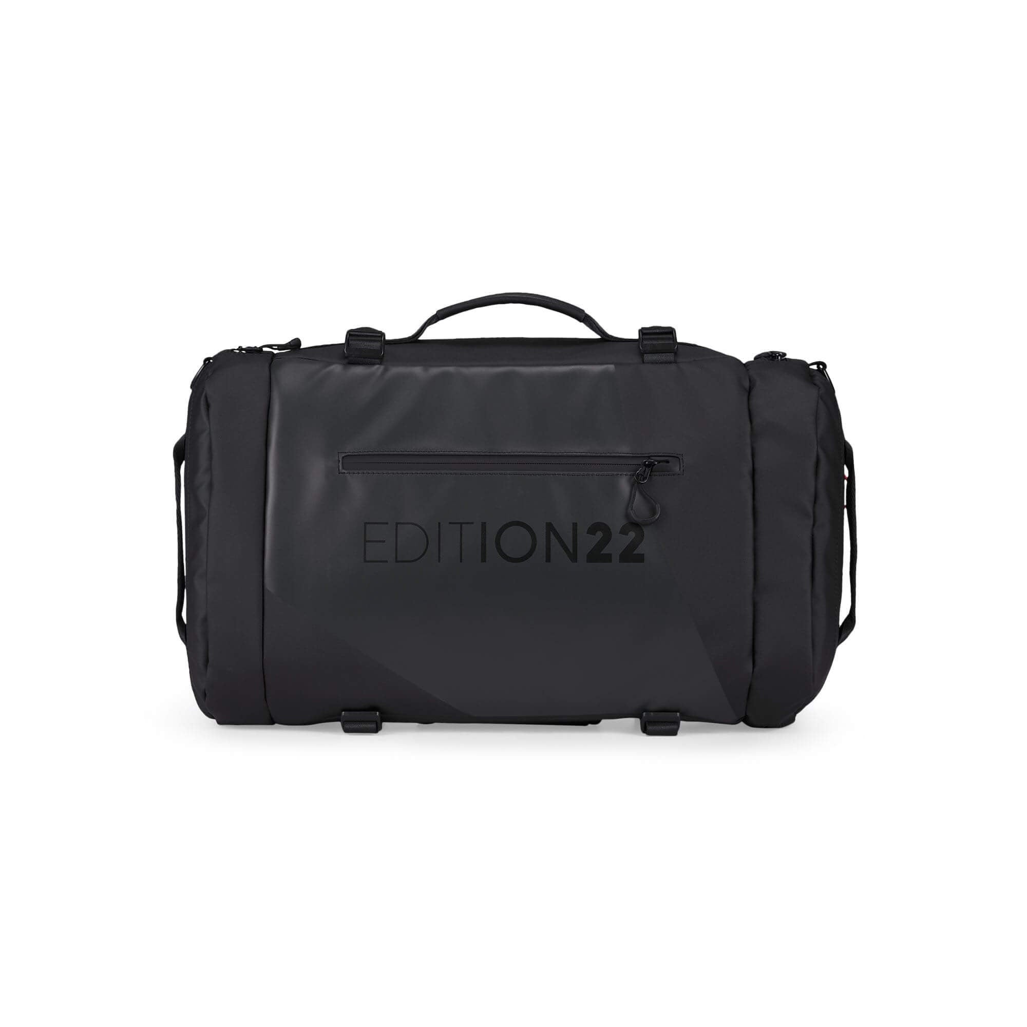 Black duffel bag with 'EDITION22' branding on a white background