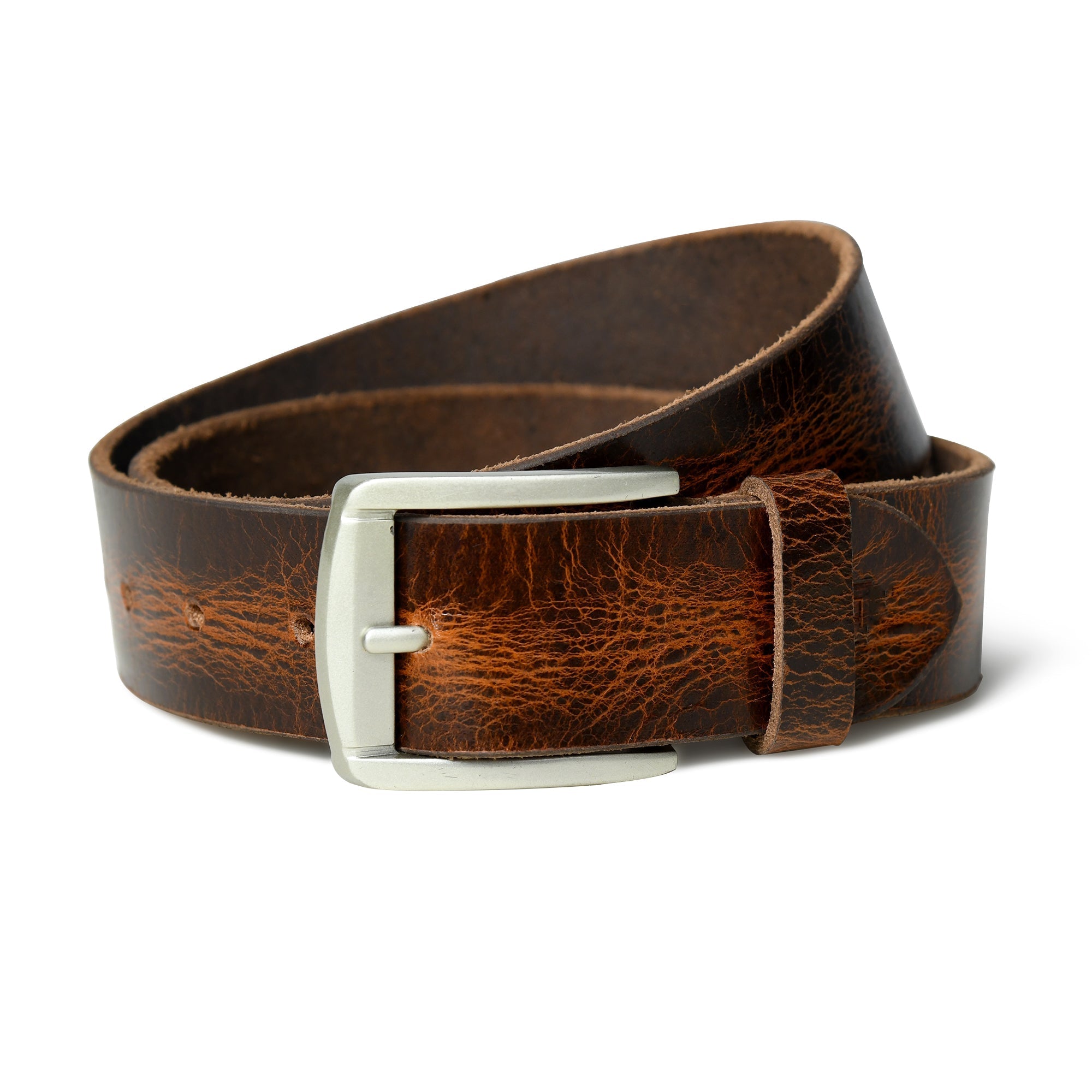 Brown leather belt with a silver buckle on a white background