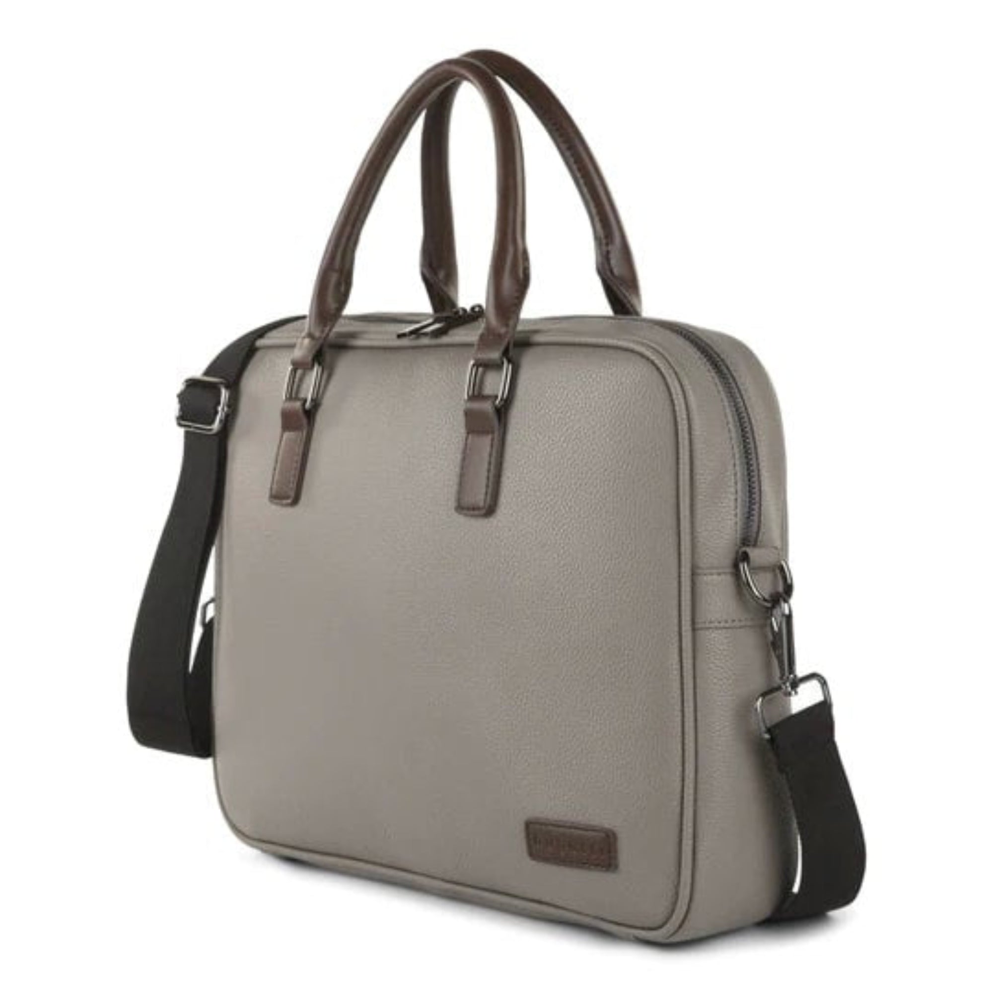 Gray briefcase with brown handles and shoulder strap on a white background
