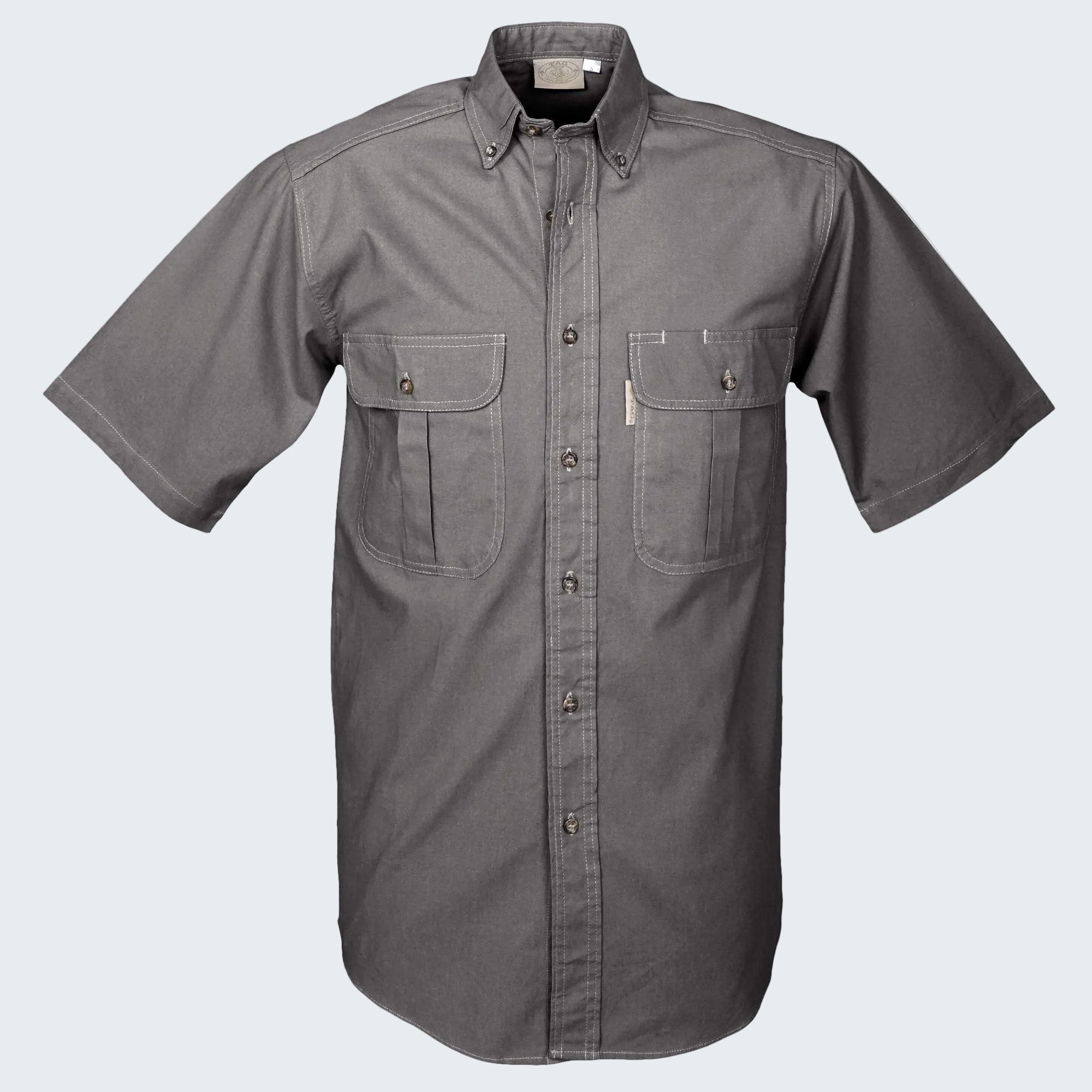 Gray short-sleeve shirt with two front pockets on a white background