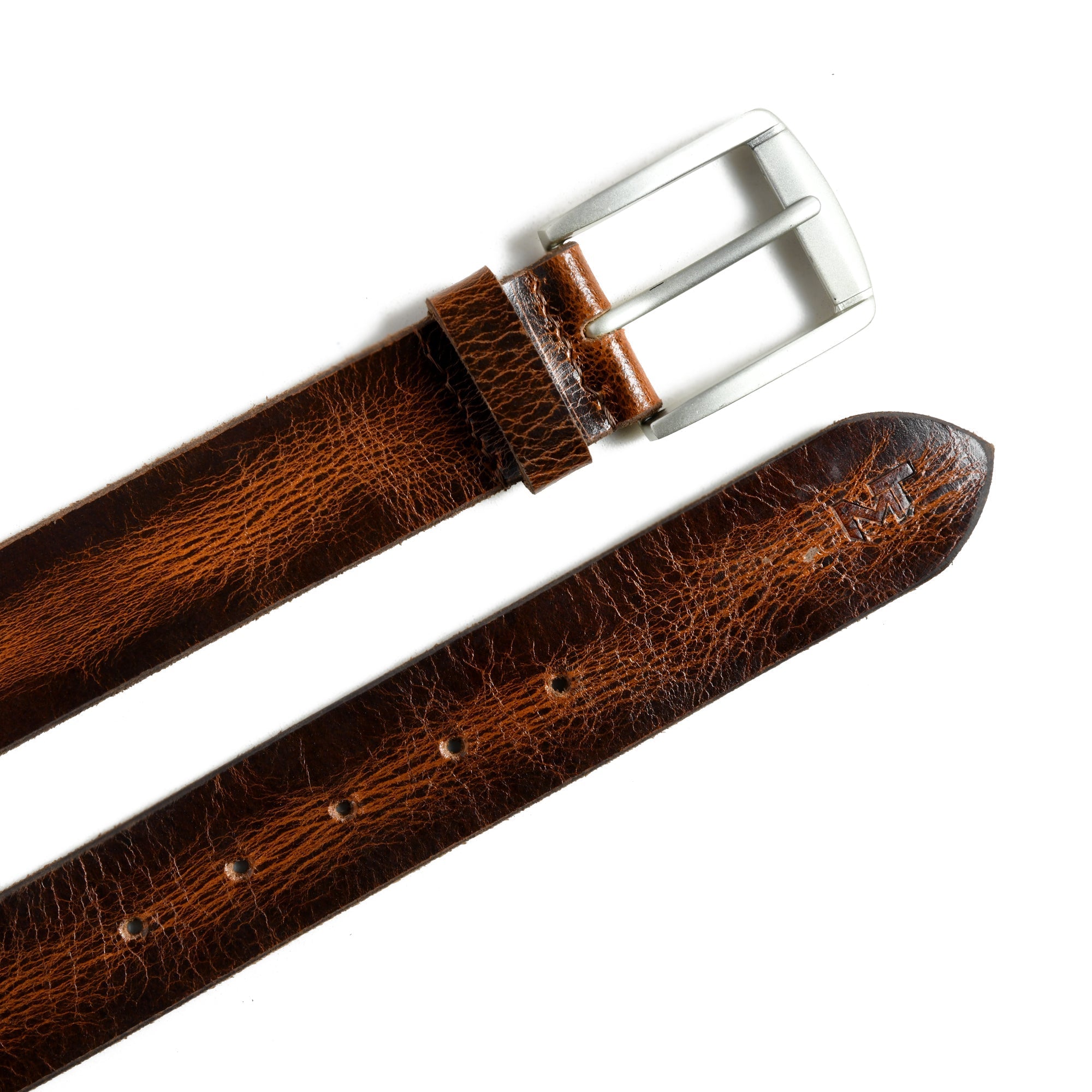 Brown leather belt with a silver buckle on a white background