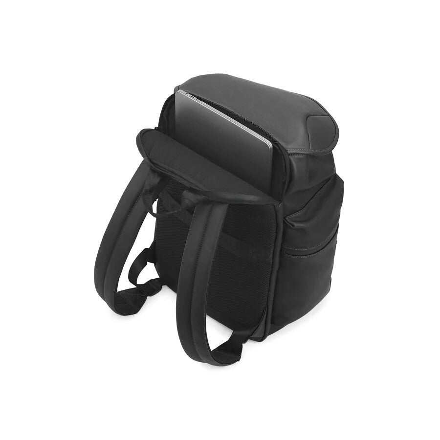 Black backpack with a phone case on a white background