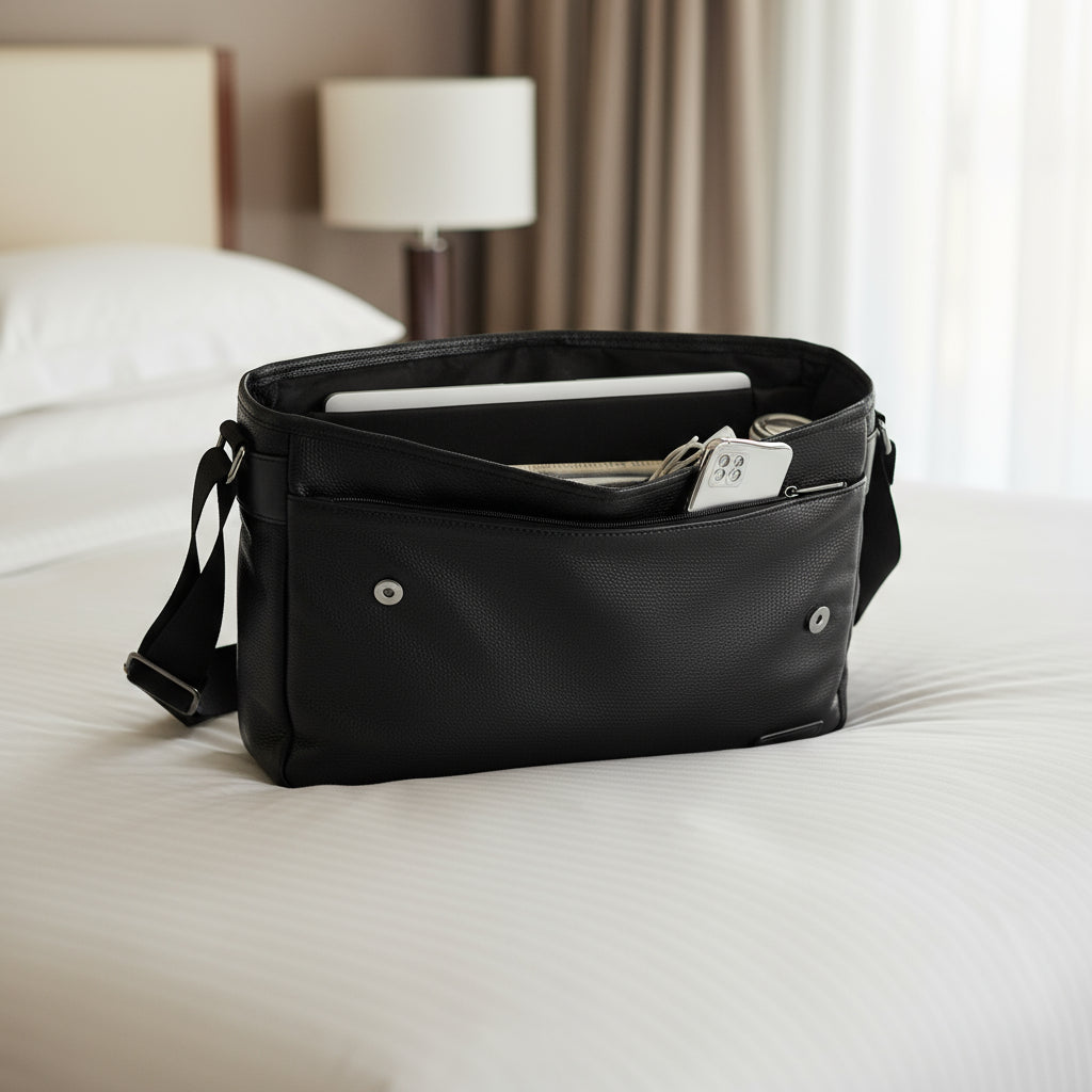 Black crossbody bag with compartments containing a laptop, phone, and other items on a white background