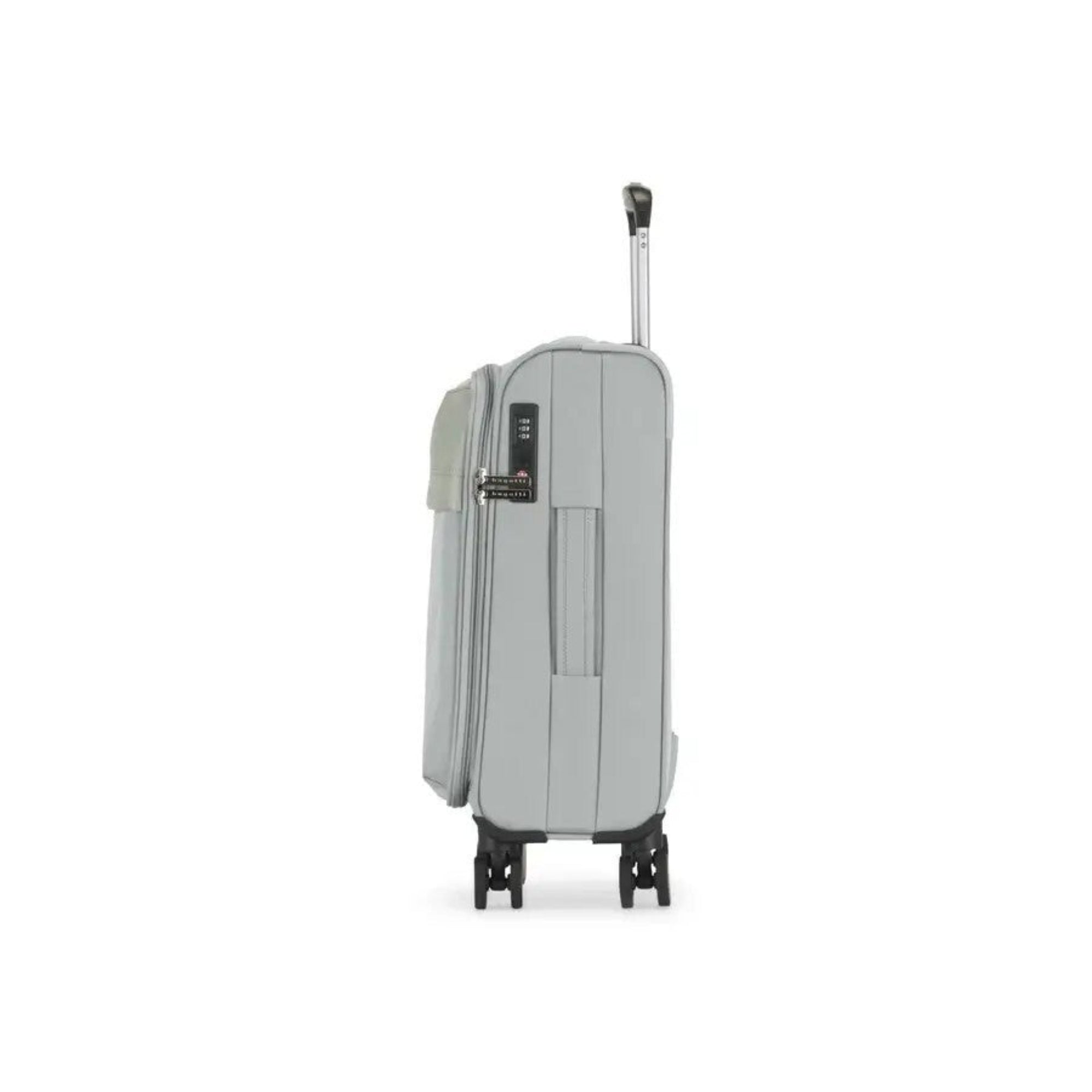 Gray suitcase with wheels on a white background