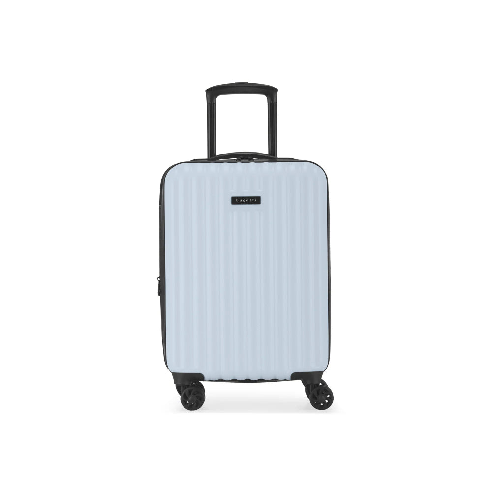 Light blue suitcase with black handle and wheels on a white background