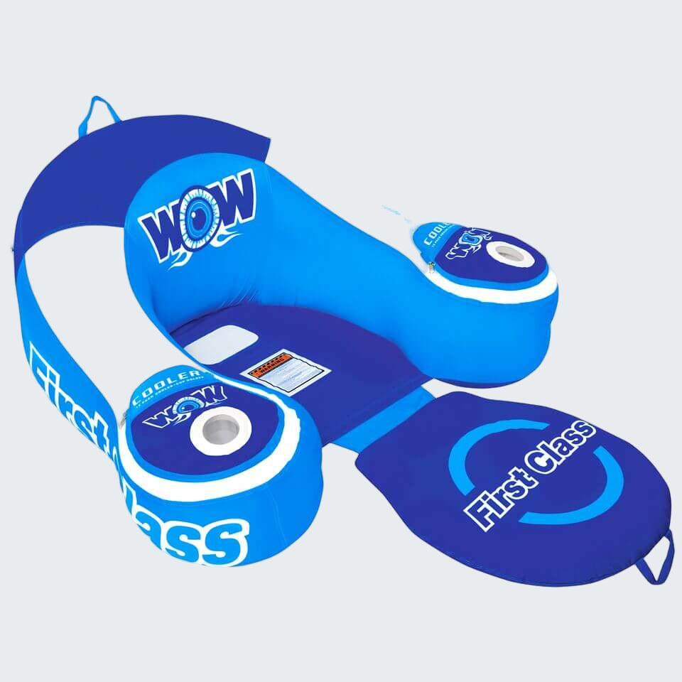 Blue inflatable seat with 'WOW' and 'First Class' branding on a white background