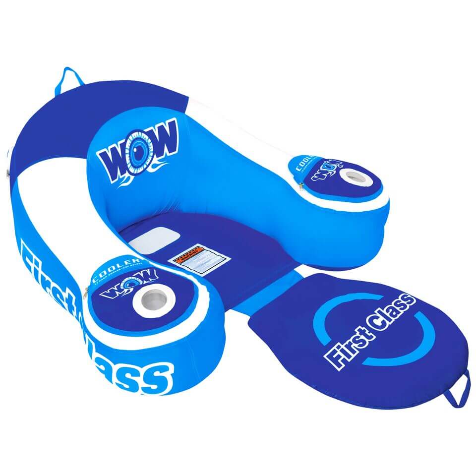 Blue inflatable seat with 'WOW' and 'First Class' branding on a white background