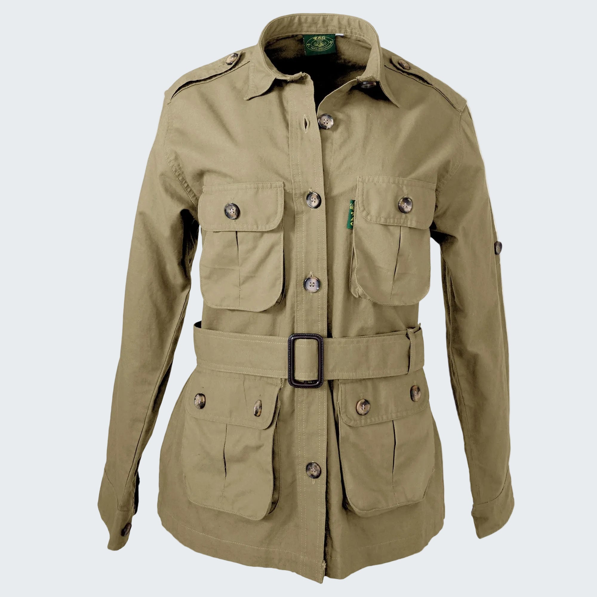 Khaki jacket with multiple pockets and a belt on a white background