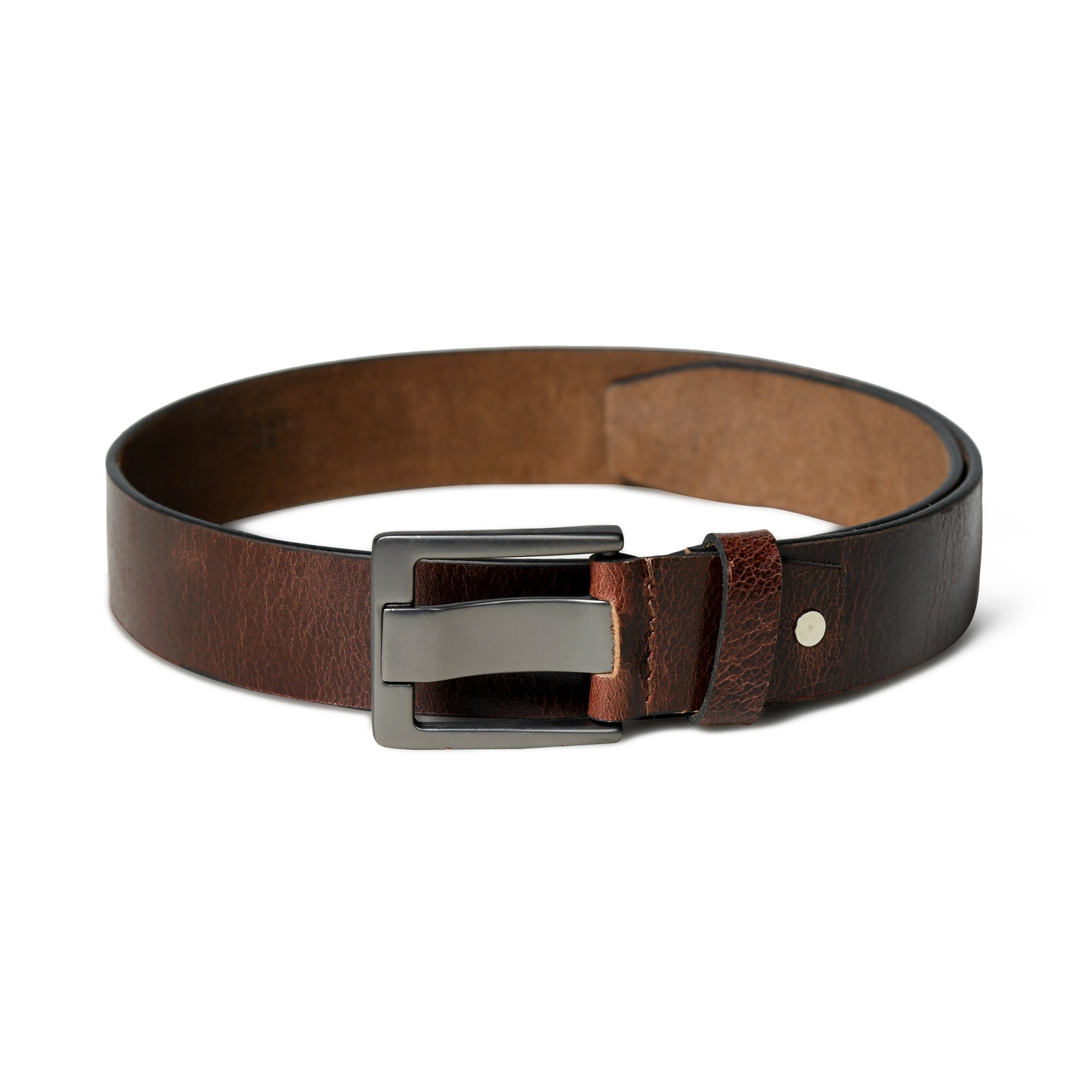 Brown leather belt with a silver buckle on a white background