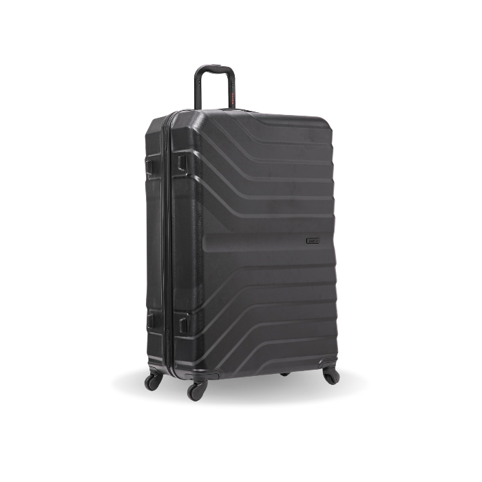 Black suitcase with a textured surface on a white background