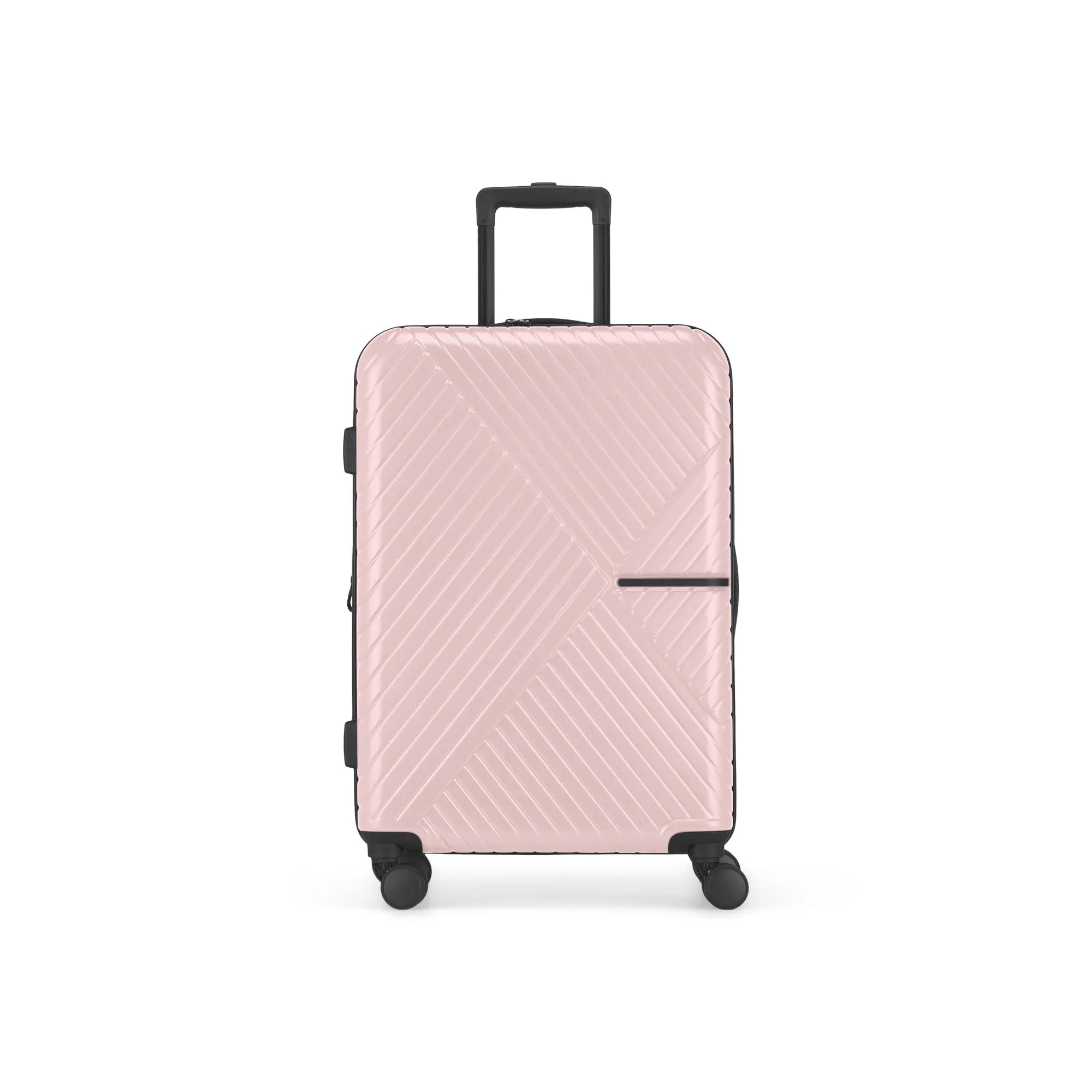 Pink suitcase with a chevron pattern on a white background