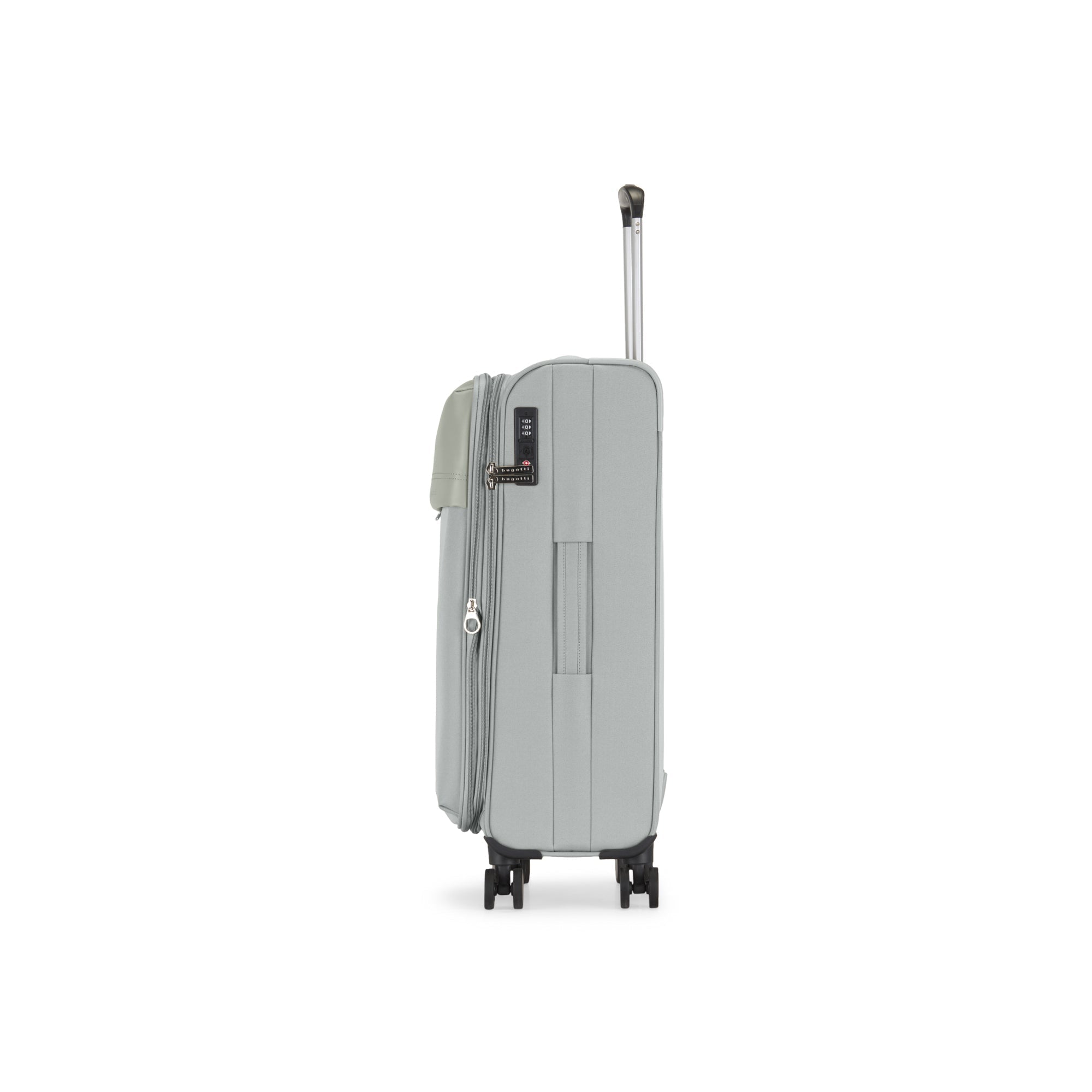 Gray suitcase with a visible brand logo on a white background