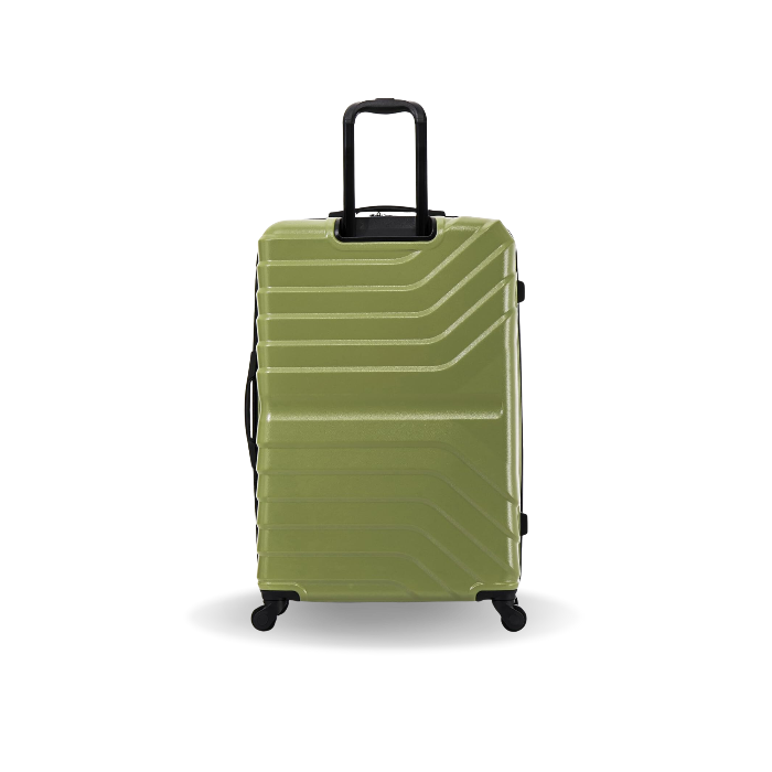 Green suitcase with a black handle on a white background