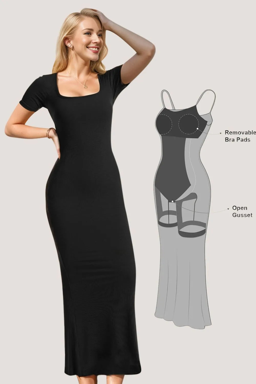 A model wearing a black square neck short sleeve maxi dress with built-in shapewear, and a diagram showing the dress' fit and features.