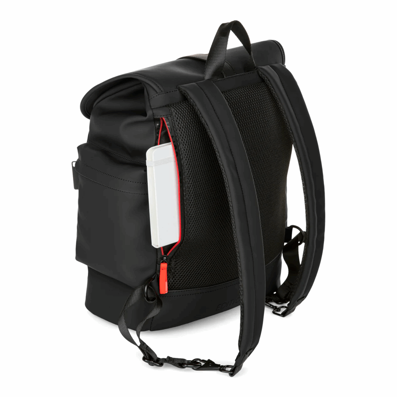 Black backpack with a white tag on a white background