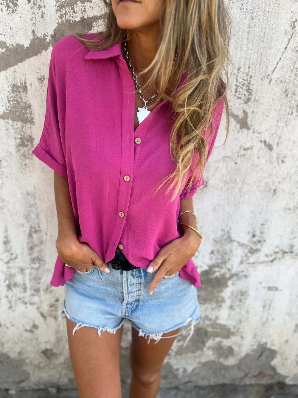 Full Size Collared Neck Half Sleeve Shirt 