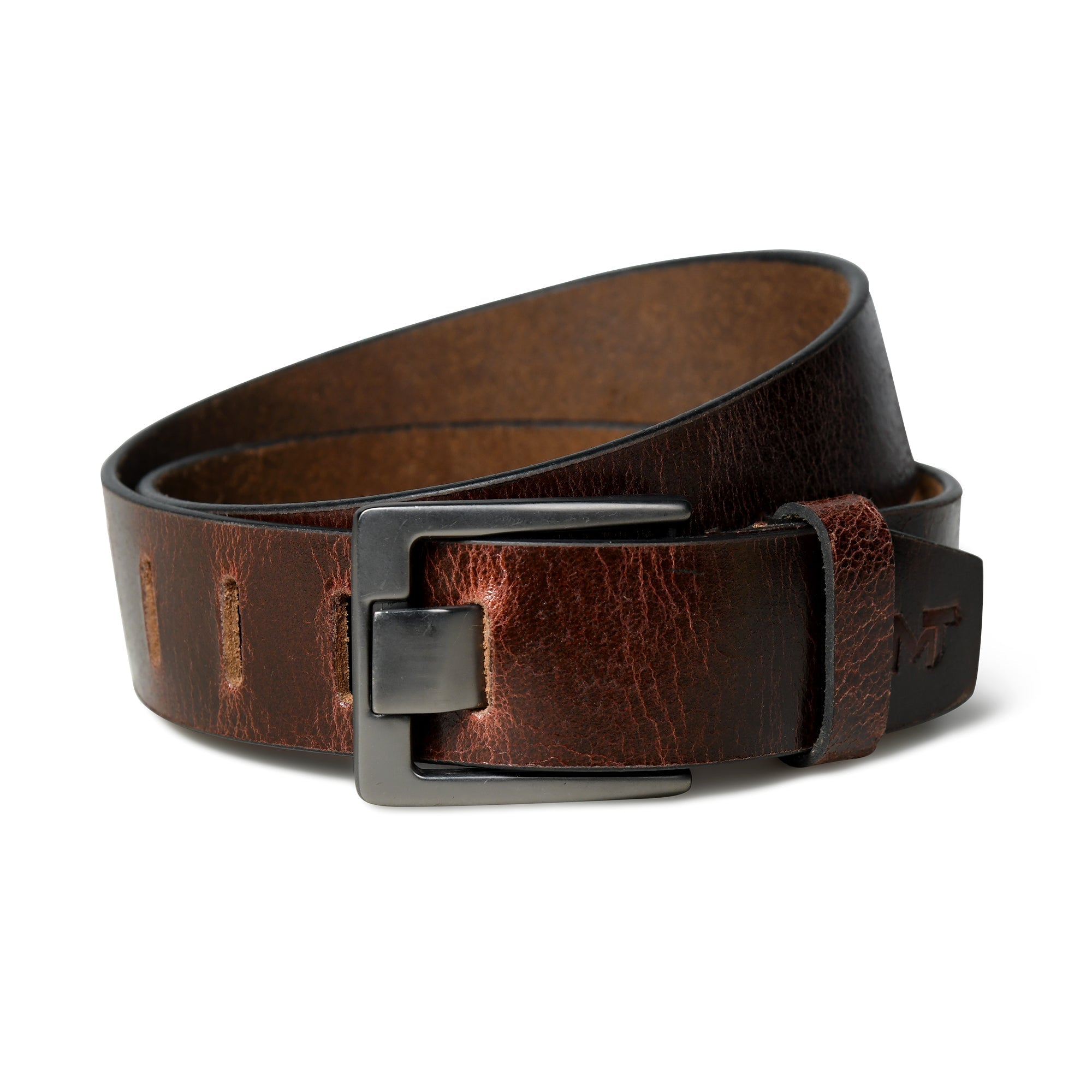 Brown leather belt with a silver buckle on a white background