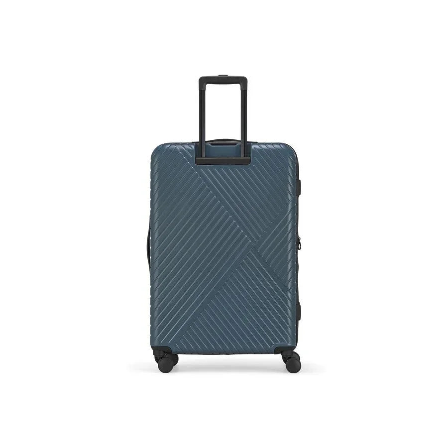 Blue suitcase with a geometric pattern on a white background