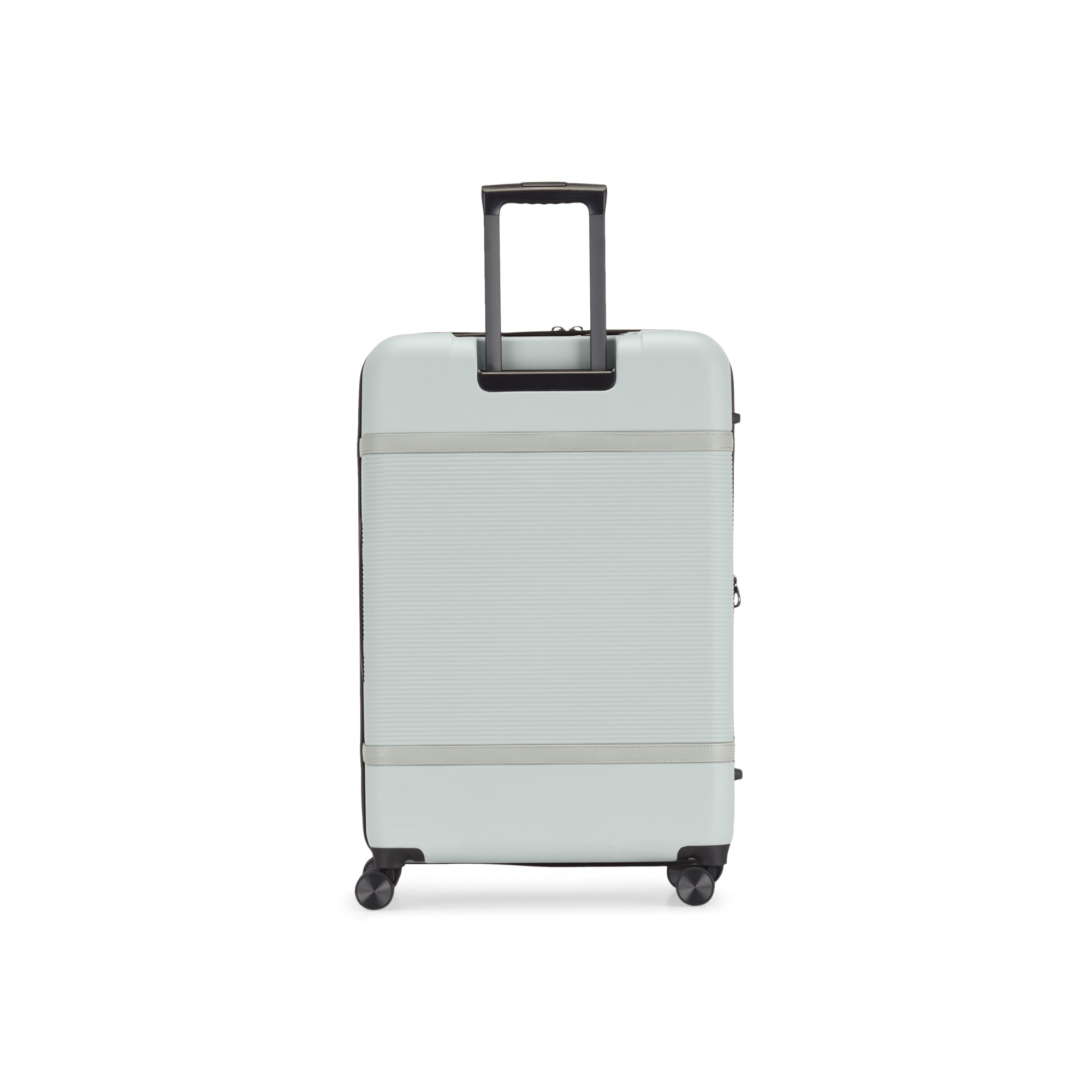 Light gray suitcase with a black handle on a white background
