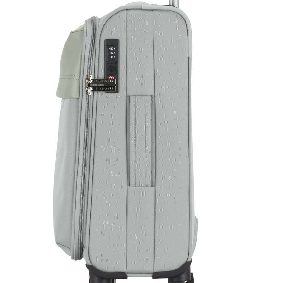 Gray suitcase with a visible brand logo on a white background
