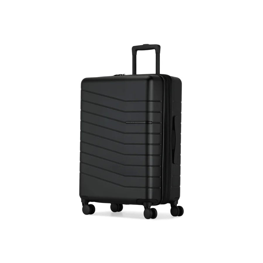 Black suitcase with a textured design on a white background