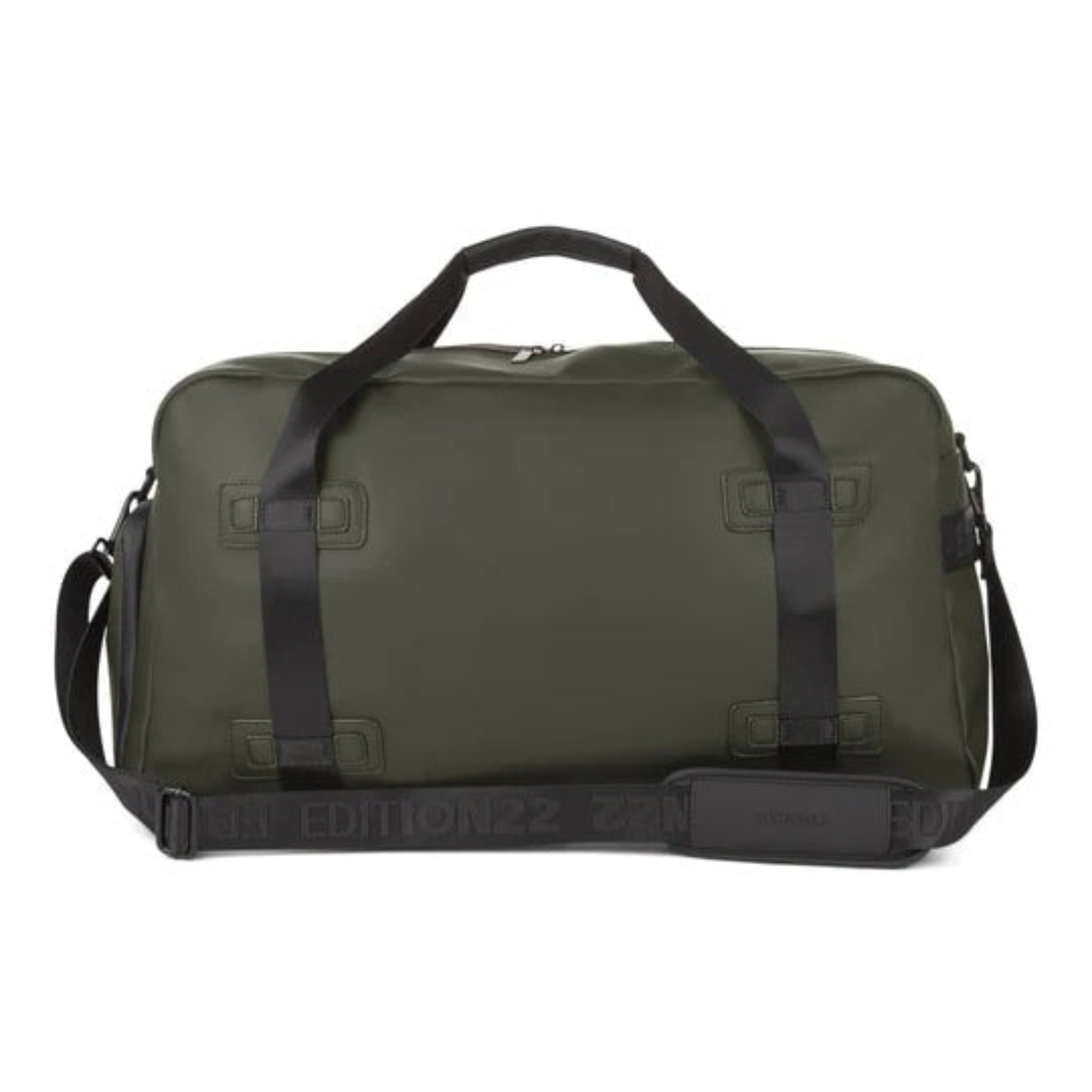 Green duffel bag with black straps on a white background