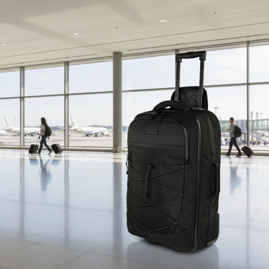 Black rolling suitcase with a visible brand logo on a white background